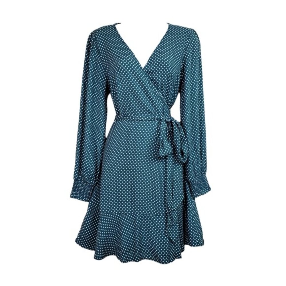 Loft Womens Long Sleeve Green White Polka Dot V-Neck Wrap Mini Dress Size 2 NWT